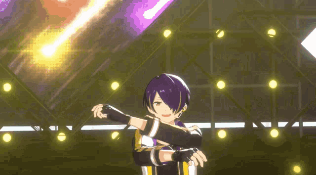 a cartoon character with purple hair is dancing on a stage with a purple background .