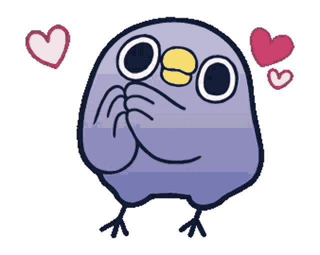 a purple bird with a yellow beak and hearts around it