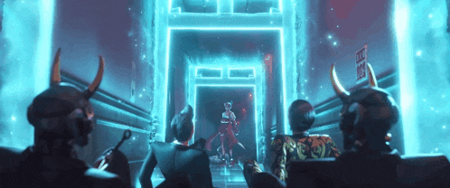 a group of people with horns are sitting in a hallway with a sign that says exit