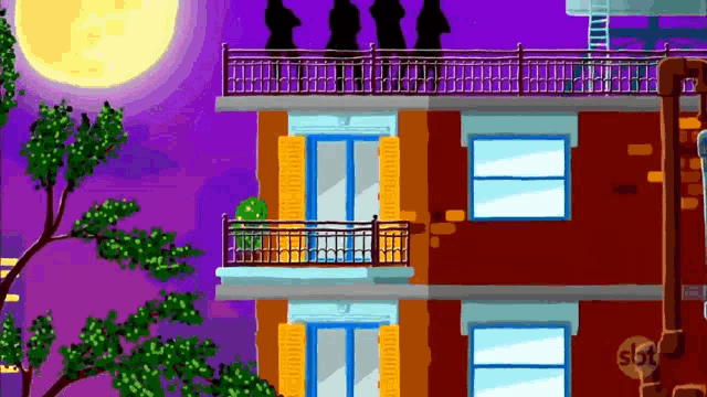 a cartoon drawing of a building with the slot logo on the side
