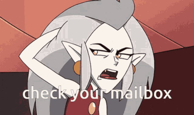 a cartoon character with the words check your mailbox written below her