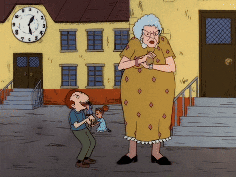 a cartoon of a woman standing in front of a building with a clock on it that shows the time as 10:10