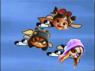 three cartoon characters are flying in the air including a cat and a girl with red eyes