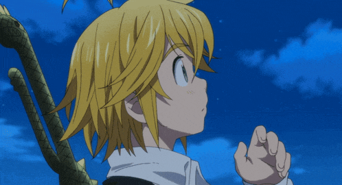 a young boy with blonde hair is holding a sword and looking up at the sky