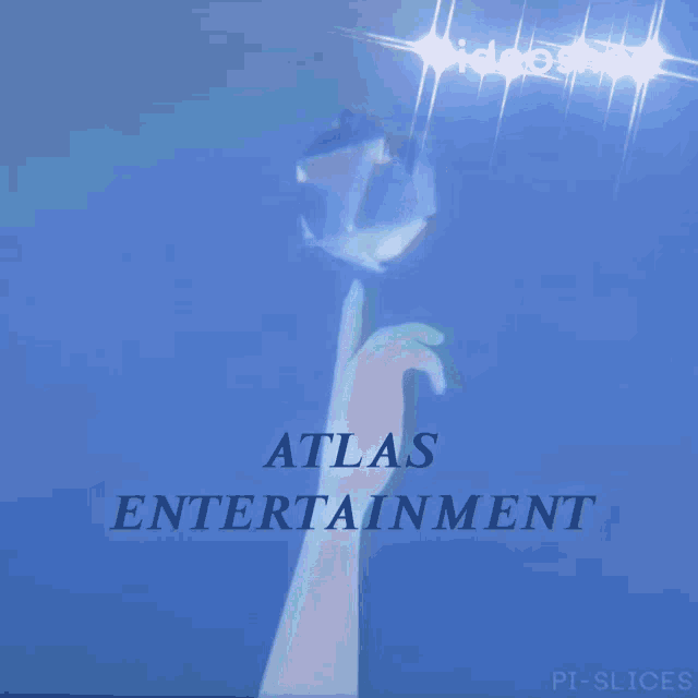 an atlas entertainment logo with a hand pointing