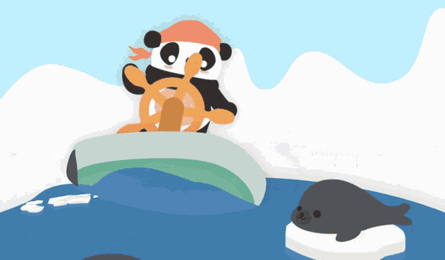 a panda bear steering a boat with a seal in the water