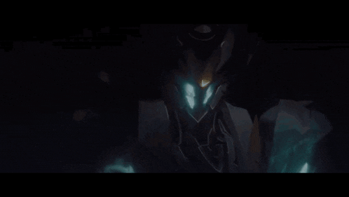a close up of a robot with glowing eyes in a dark room
