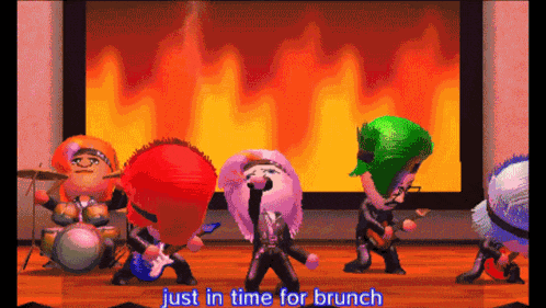 a video game screen shows a group of cartoon characters playing instruments and singing just in time for brunch