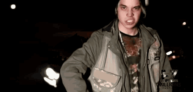 a man wearing a jacket with the number 2 million on the bottom right