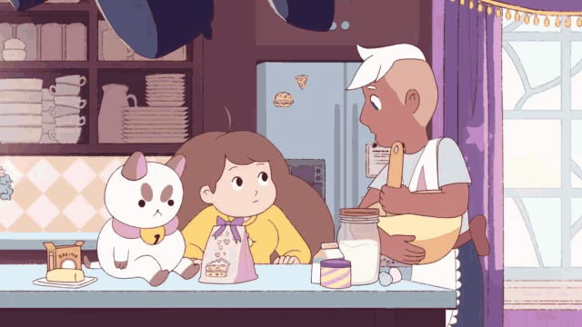 a cartoon drawing of a girl and a cat with a bag of cookies on the counter