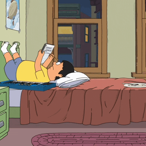 a cartoon of a man laying on a bed reading