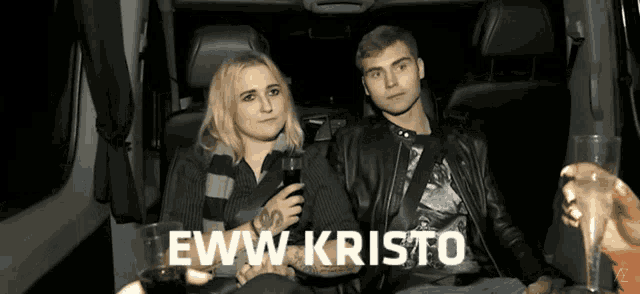 a man and a woman are sitting in the back seat of a car with the words " eww kristo " on the bottom
