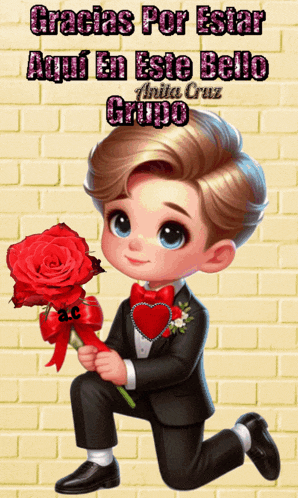 a boy in a tuxedo kneeling down holding a rose
