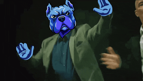 a cartoon of a man in a suit with a blue dog on his head
