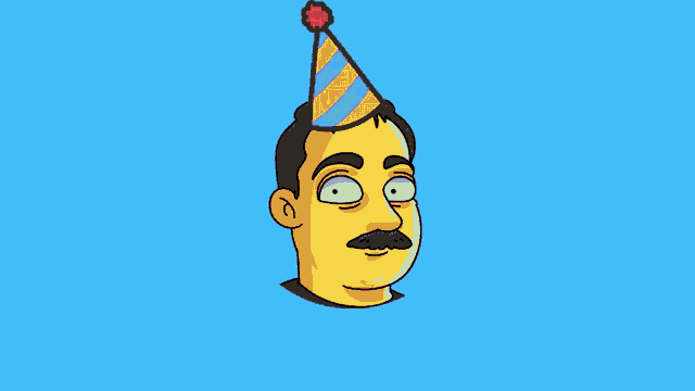 a yellow cartoon character with a party hat on his head