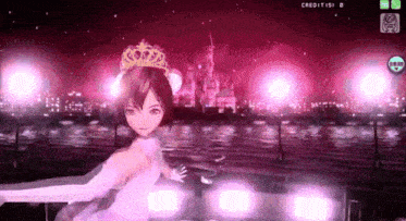 a video game screen shows a girl in a white dress with a crown on her head
