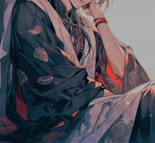 a close up of a person wearing a kimono with circles on the sleeves