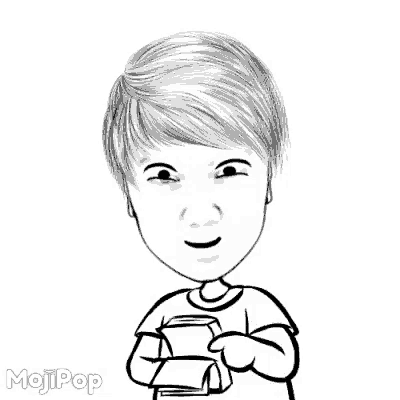 a black and white drawing of a boy pointing at the camera with the word mojipop below him