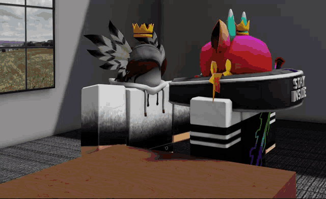 two cartoon characters are sitting at a table with a sign that says stay inside on it