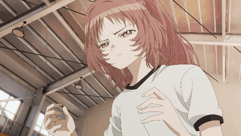 a girl with a ponytail and a white shirt has a serious look on her face