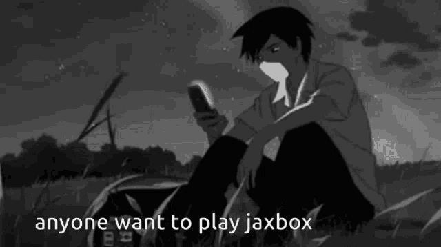 a black and white cartoon of a boy sitting in the grass looking at his phone .