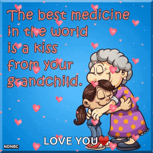 a cartoon of an elderly woman hugging a young girl with hearts around them