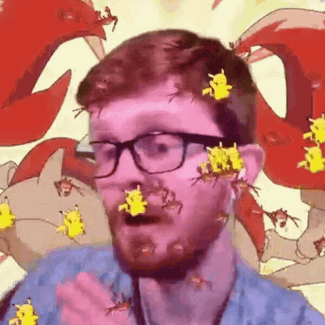 a man with glasses and a beard is surrounded by yellow bugs on his face