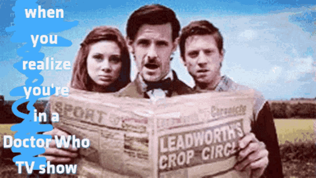 three people reading a newspaper that says leadworth 's crop circle