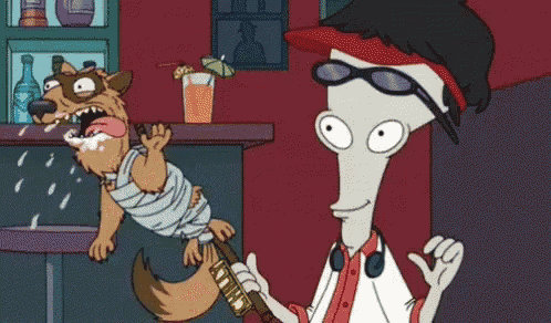 a cartoon of a man and a dog in a bar with a drink in the background