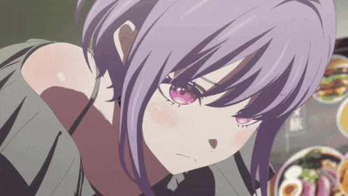 a close up of a girl with purple hair