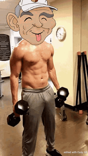 a shirtless man is lifting dumbbells in a gym with a cartoon face on his face
