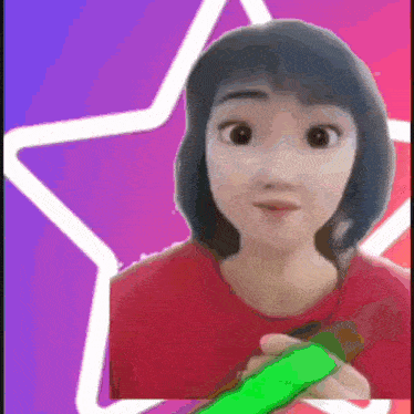 a cartoon girl is holding a green object in front of a star