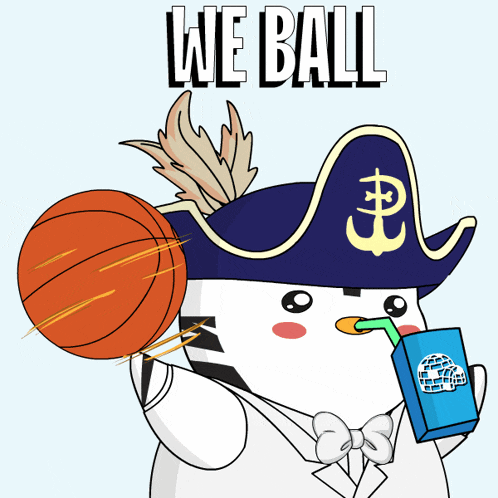 a cartoon character wearing a pirate hat is holding a basketball and drinking a milkshake with the words we ball written above