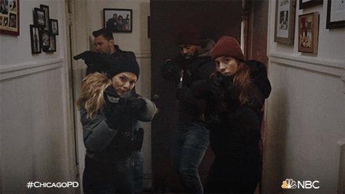 a group of people holding guns in a hallway with #chicagopd