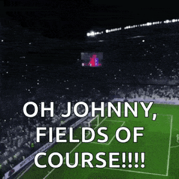 a soccer stadium with the words oh johnny fields of course written on it