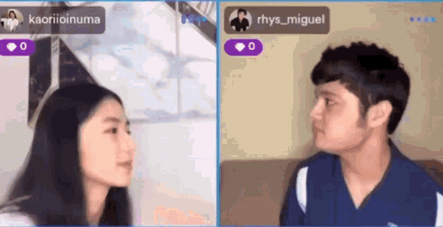 a boy and a girl are looking at each other with a purple heart on the bottom right