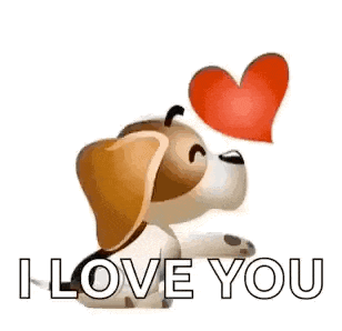 a brown and white dog is holding a red heart in its mouth and saying `` i love you '' .
