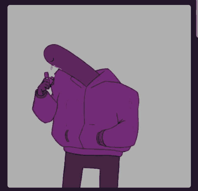 a cartoon character wearing a purple jacket has a long nose