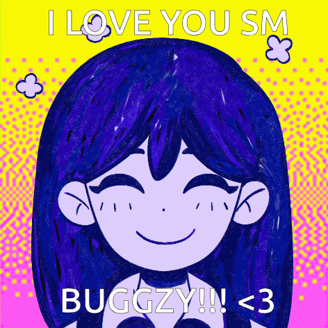 a drawing of a girl with blue hair and the words i love you sm buggzy ! < 3