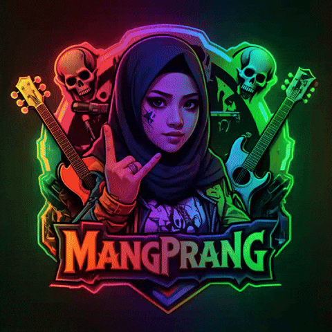 a woman in a hijab is surrounded by guitars and skulls and the word mangprang