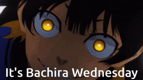 a picture of a girl with yellow eyes and the words it 's bachira wednesday on the bottom