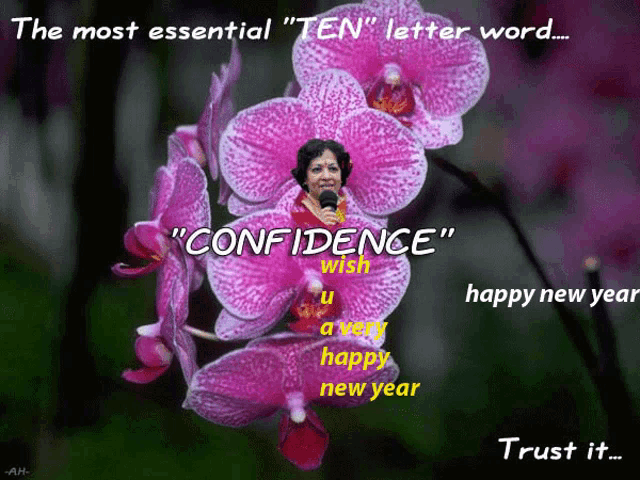 a picture of a woman holding a microphone surrounded by purple flowers with the words " confidence " written on it