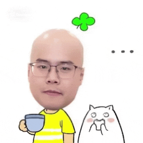 a bald man is holding a cup of coffee next to a cat and a clover .