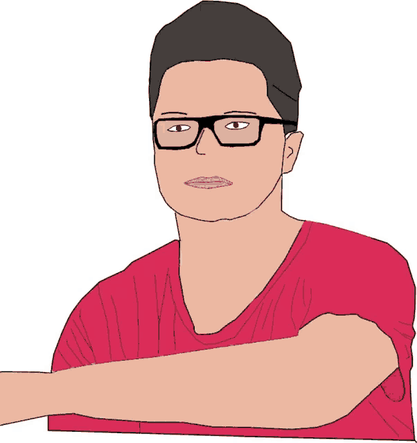 a man wearing glasses and a red shirt has his arm crossed