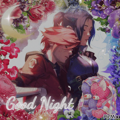 a picture of a couple with flowers and the words good night