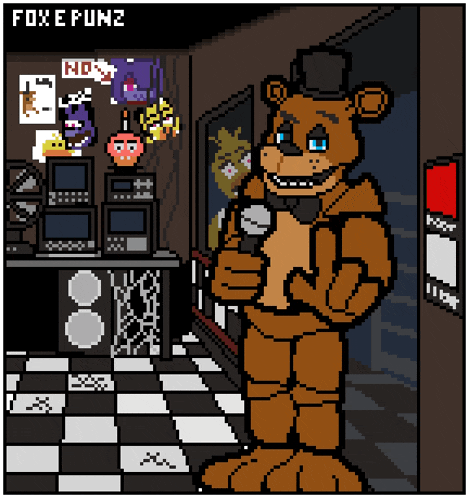 a pixel art of a teddy bear holding a microphone in front of a sign that says foxepunz