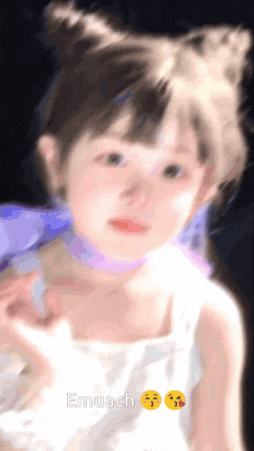 a little girl in a white dress with the word emuach written below her
