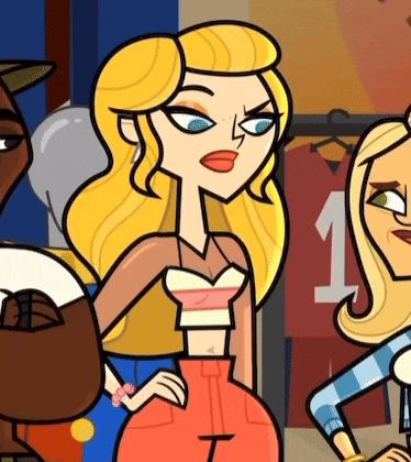 a cartoon girl with blonde hair is standing next to a man and a woman in a store .