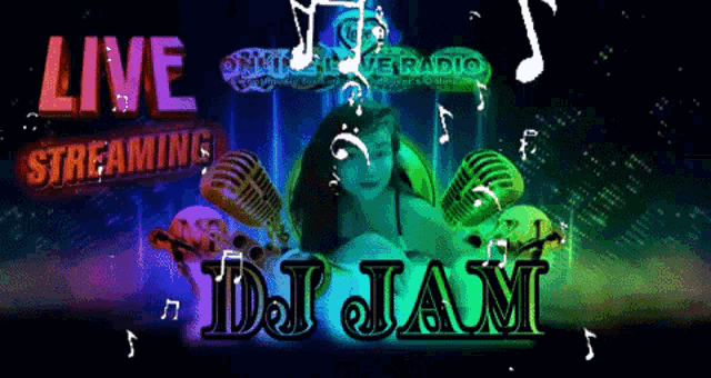 a poster for live streaming dj jam shows a woman surrounded by microphones