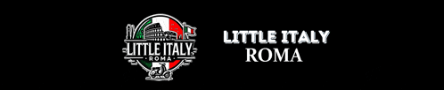 a logo for little italy roma shows a picture of the colosseum